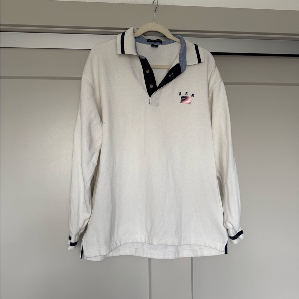 Vintage Sope Creek USA Flag Long-Sleeve Rugby Polo Shirt - White